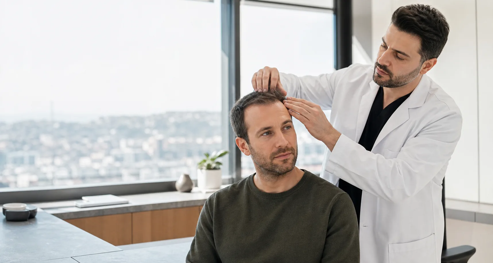 Médecin examinant la ligne capillaire d’un patient lors d’une consultation